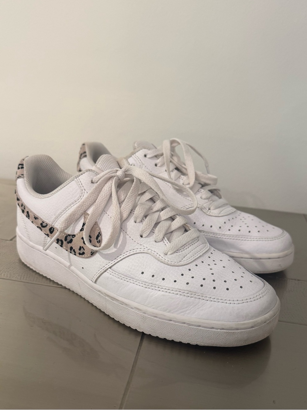Nike Women's Court Vision Low White Sneakers with Leopard Swoosh